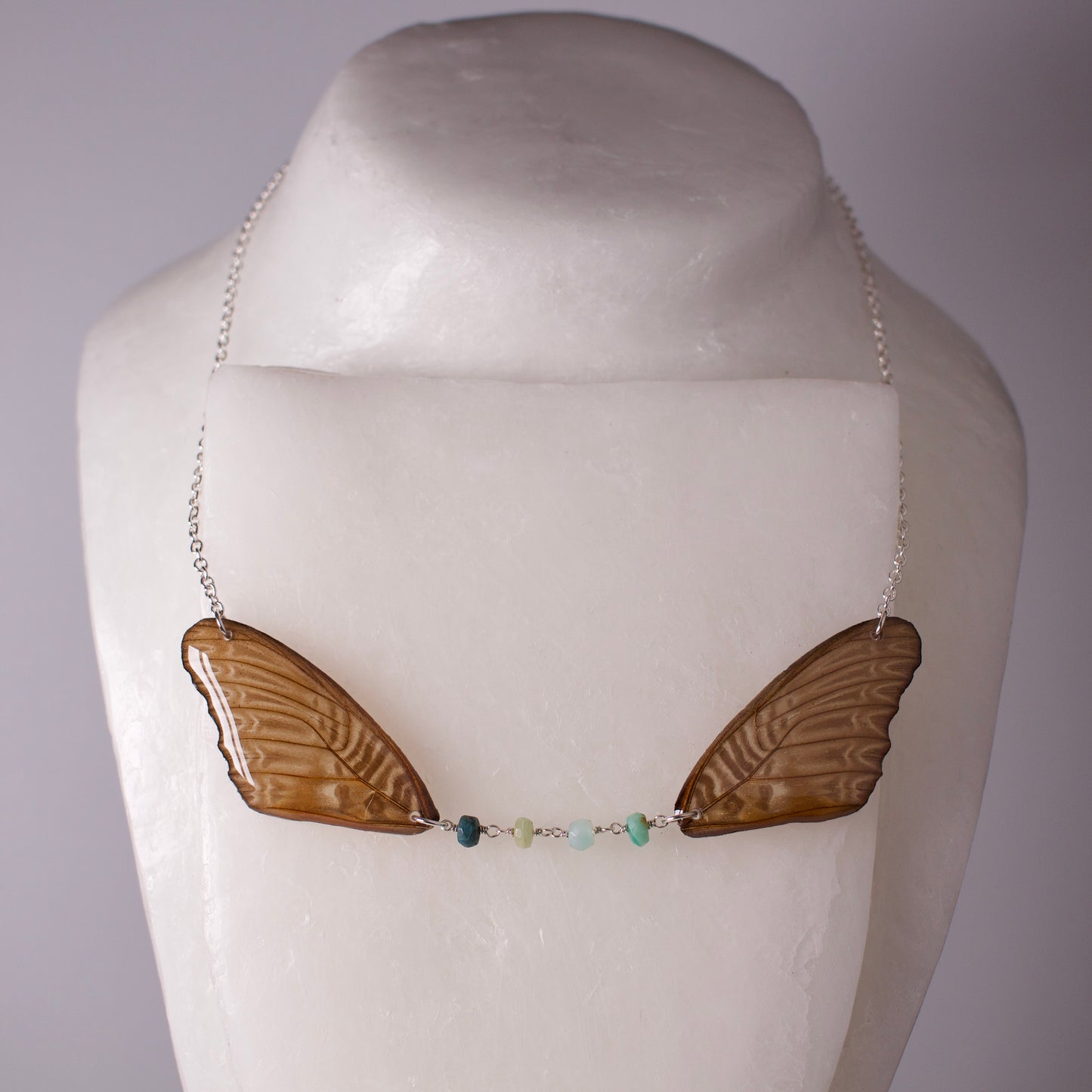 real butterfly wing necklace Violet lacewing Peruvian opal silver chain on wax form