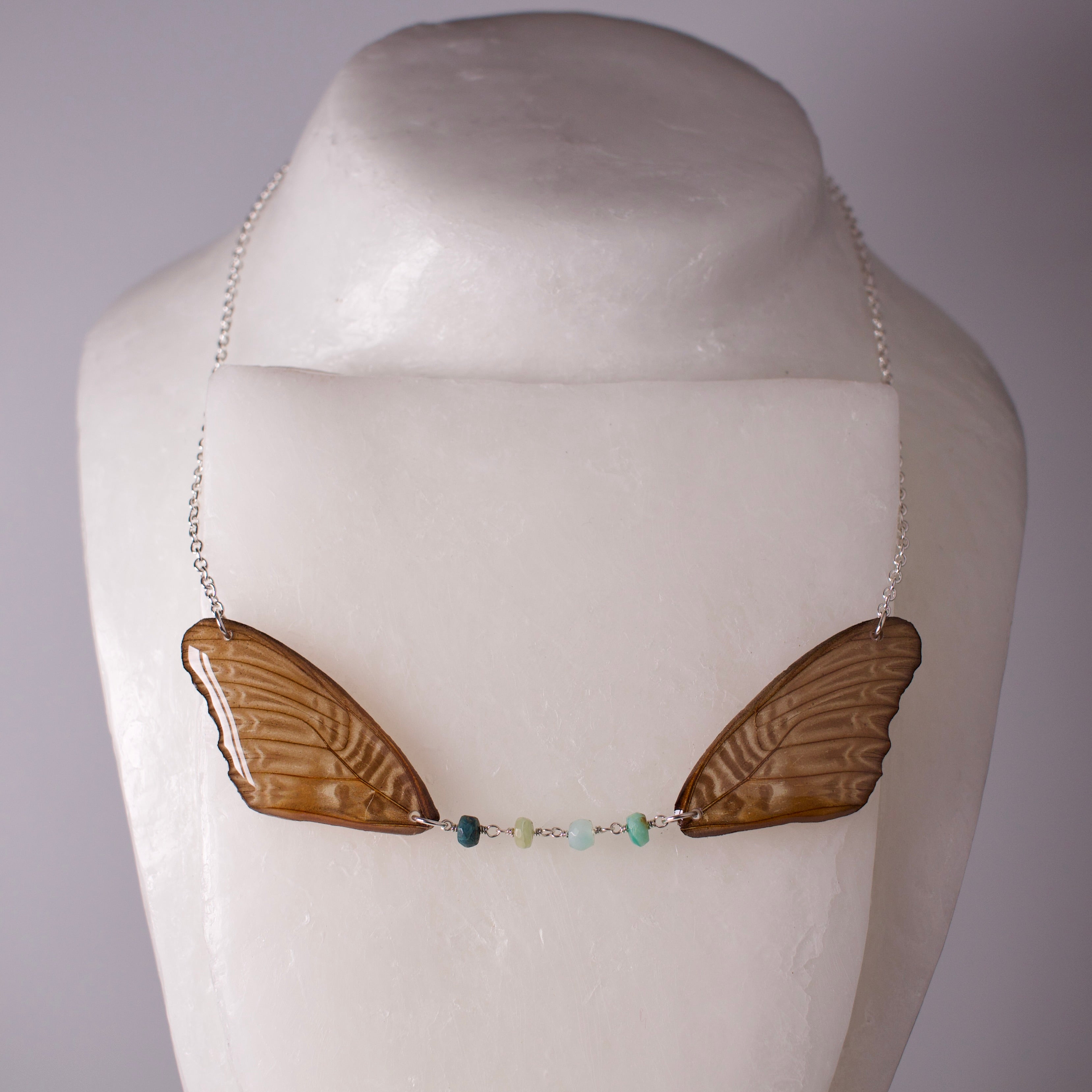 real butterfly wing necklace Violet lacewing Peruvian opal silver chain on wax form