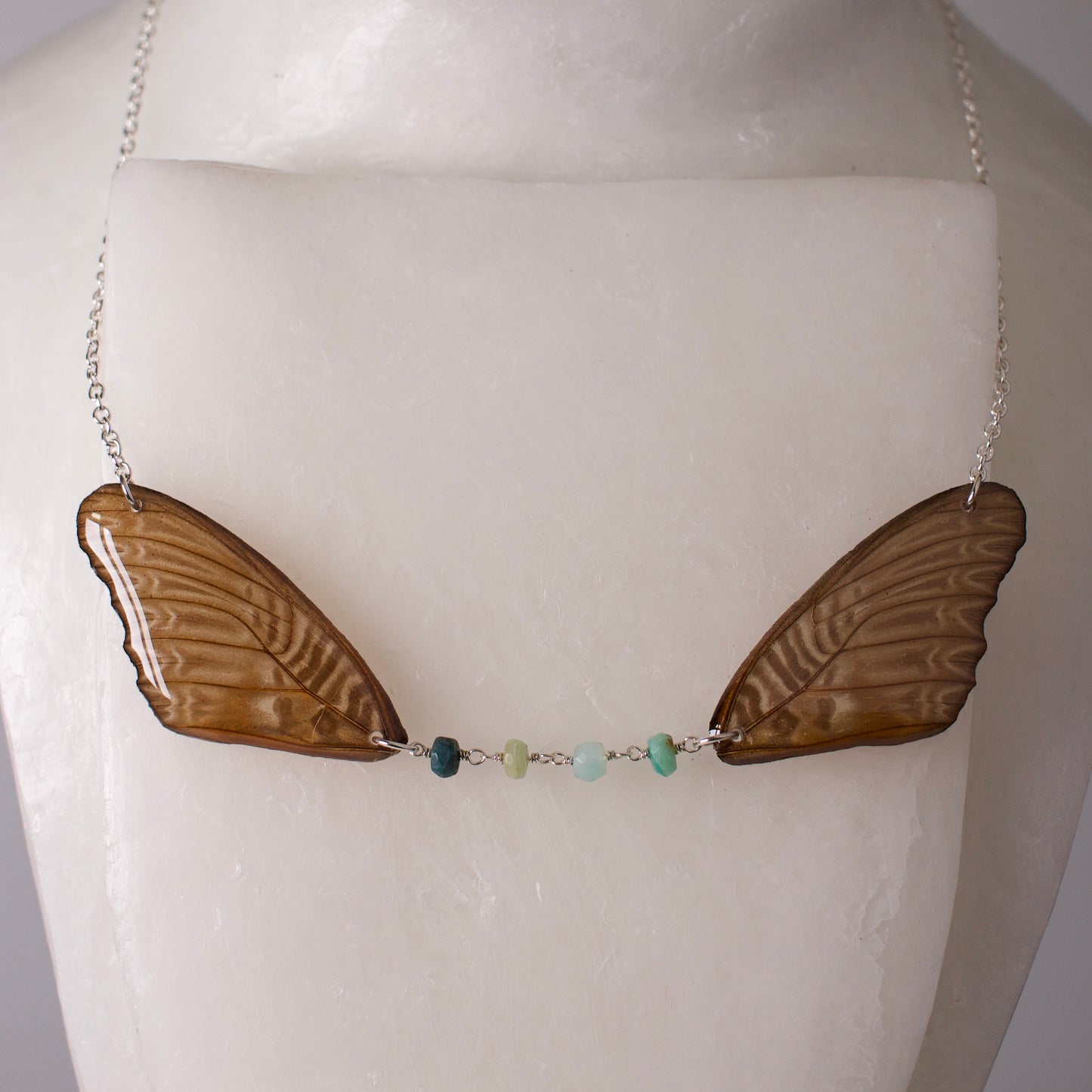 real butterfly wing necklace Violet lacewing Peruvian opal silver close up