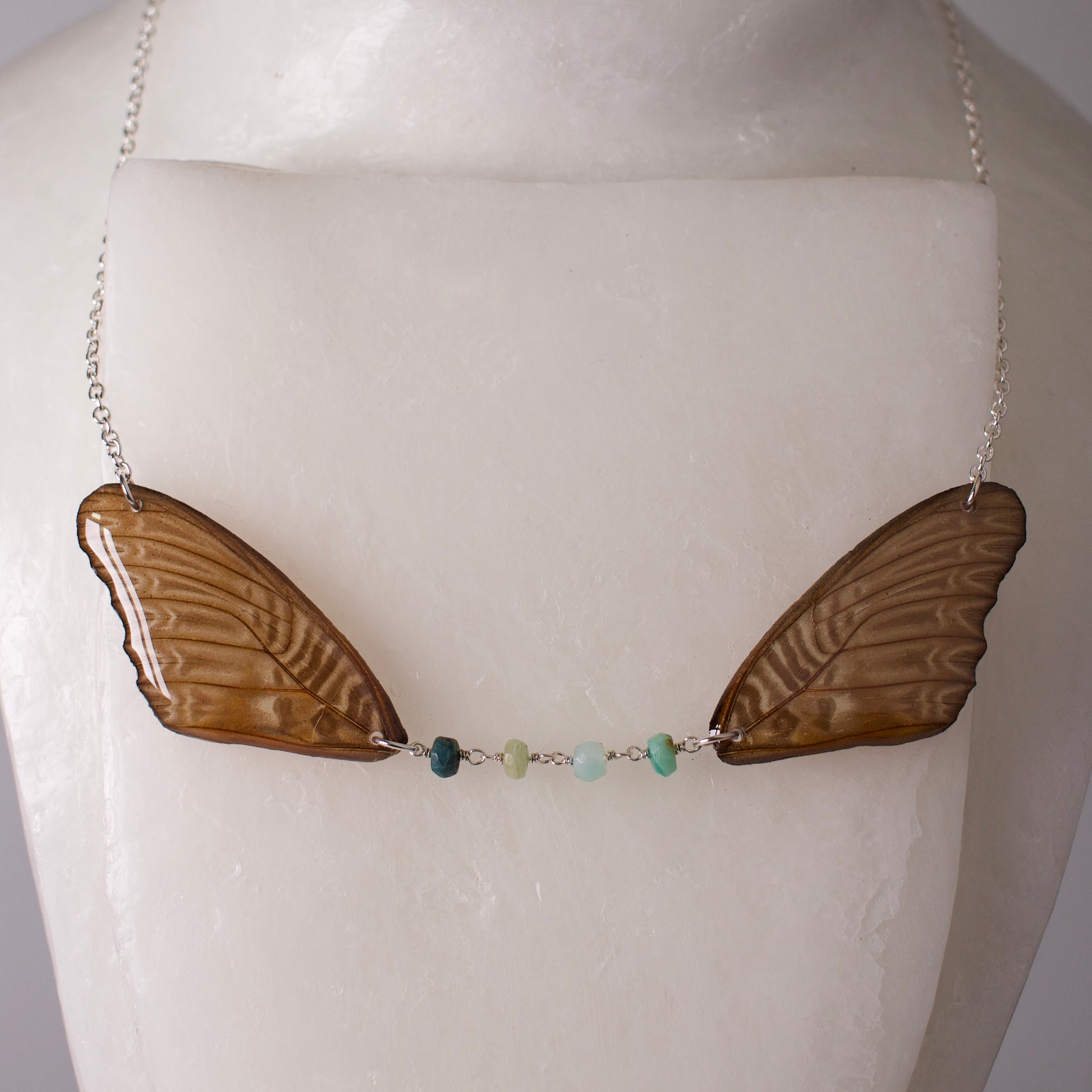 real butterfly wing necklace Violet lacewing Peruvian opal silver close up