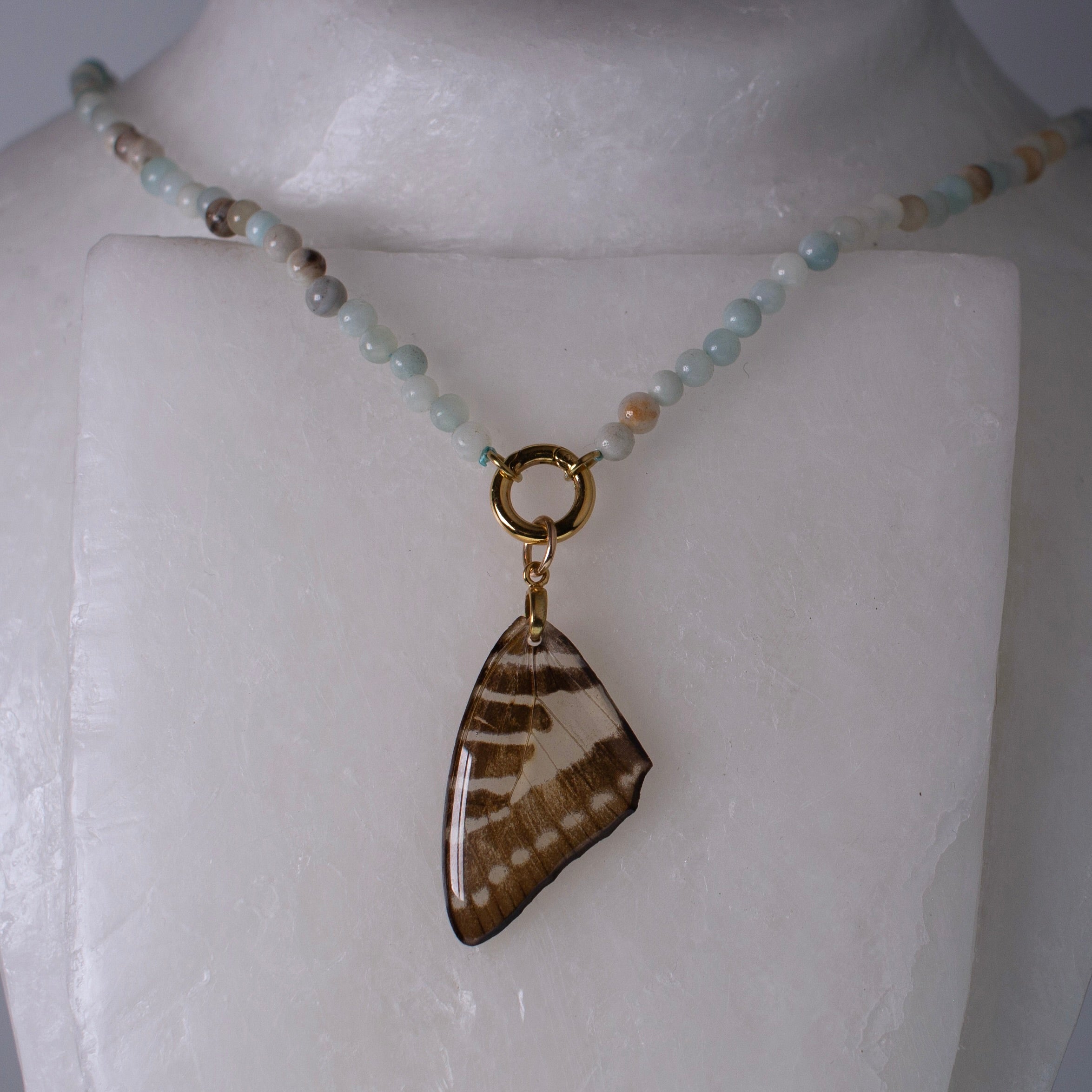 real butterfly wing necklace blue stone beaded gold on wax form