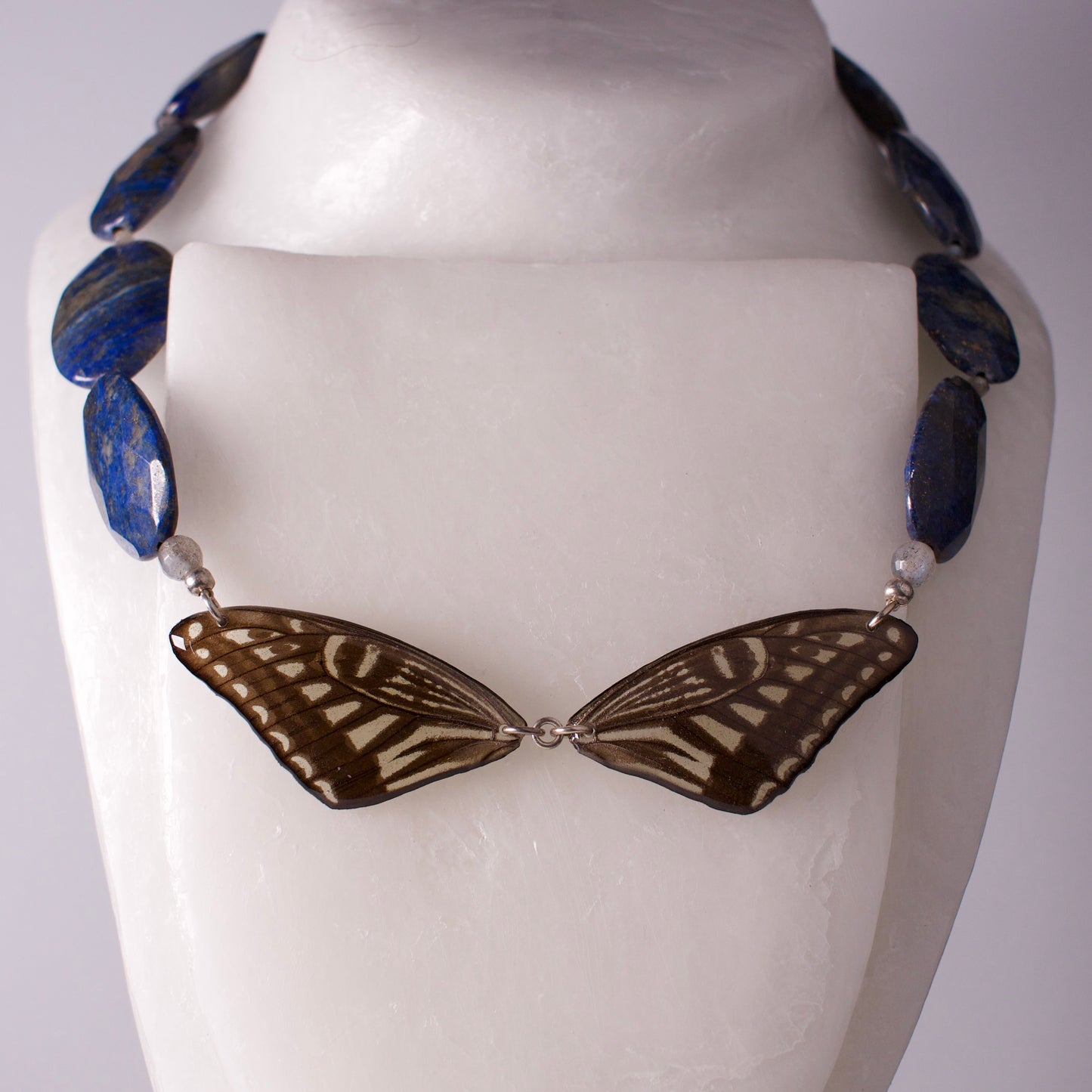 real butterfly wing necklace blue yellow butterflies lapis labradorite silver statement necklace on form