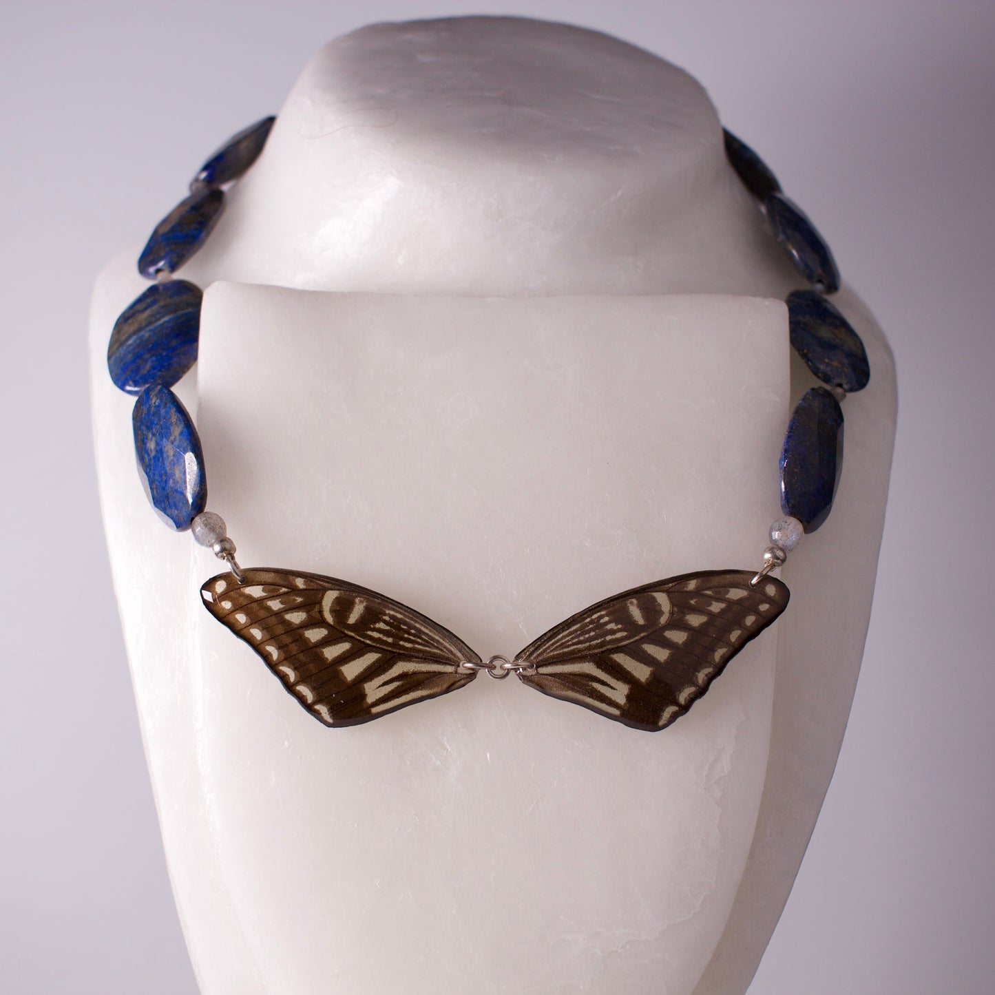 real butterfly wing necklace blue yellow butterflies lapis labradorite silver xuthus swallowtail on form
