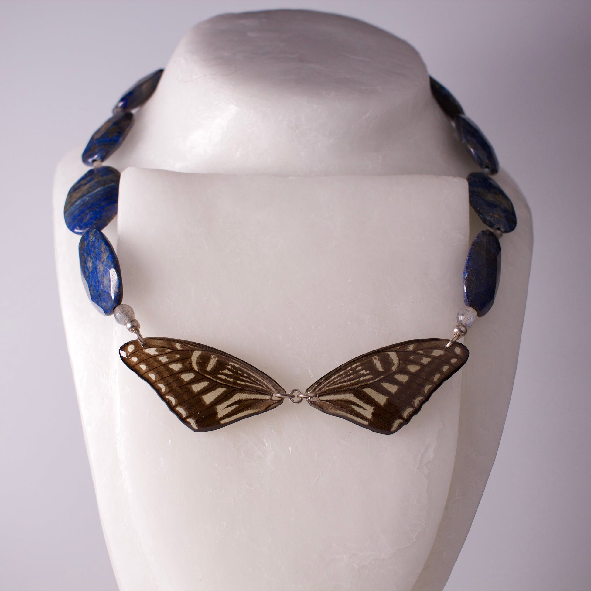 real butterfly wing necklace blue yellow butterflies lapis labradorite silver xuthus swallowtail on form