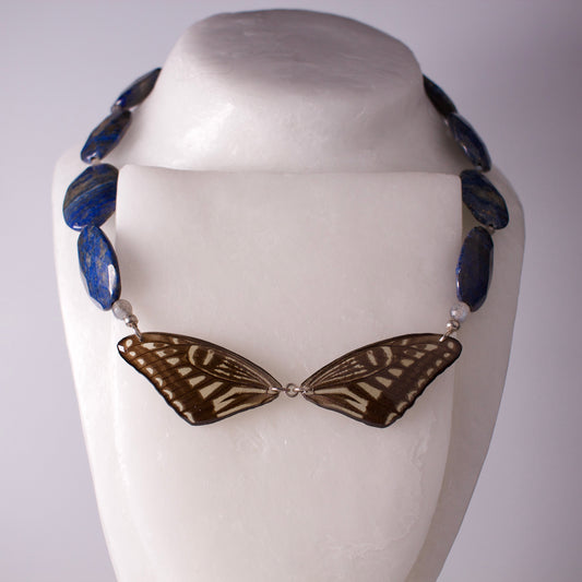 real butterfly wing necklace blue yellow butterflies lapis labradorite silver xuthus swallowtail on form