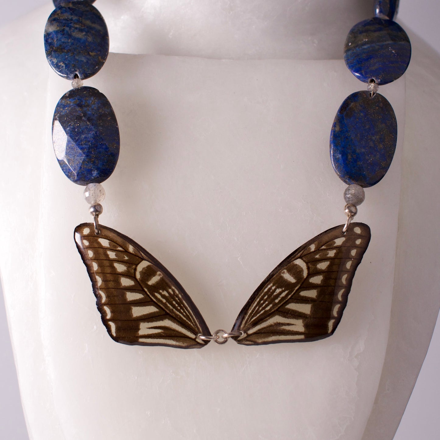 real butterfly wing necklace blue yellow butterflies lapis labradorite silver xuthus swallowtail close up