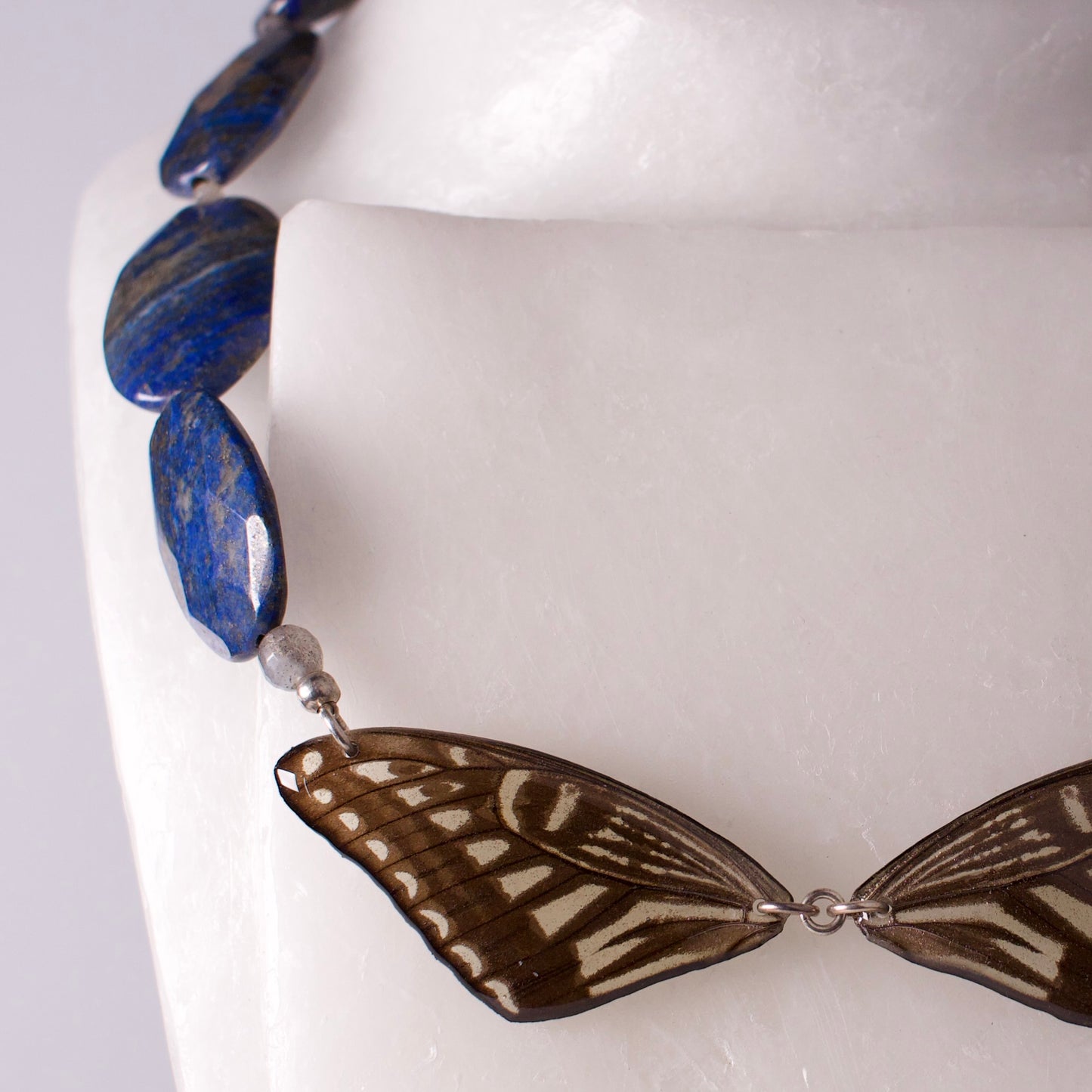 real butterfly wing necklace blue yellow butterflies lapis labradorite silver xuthus swallowtail detail shot