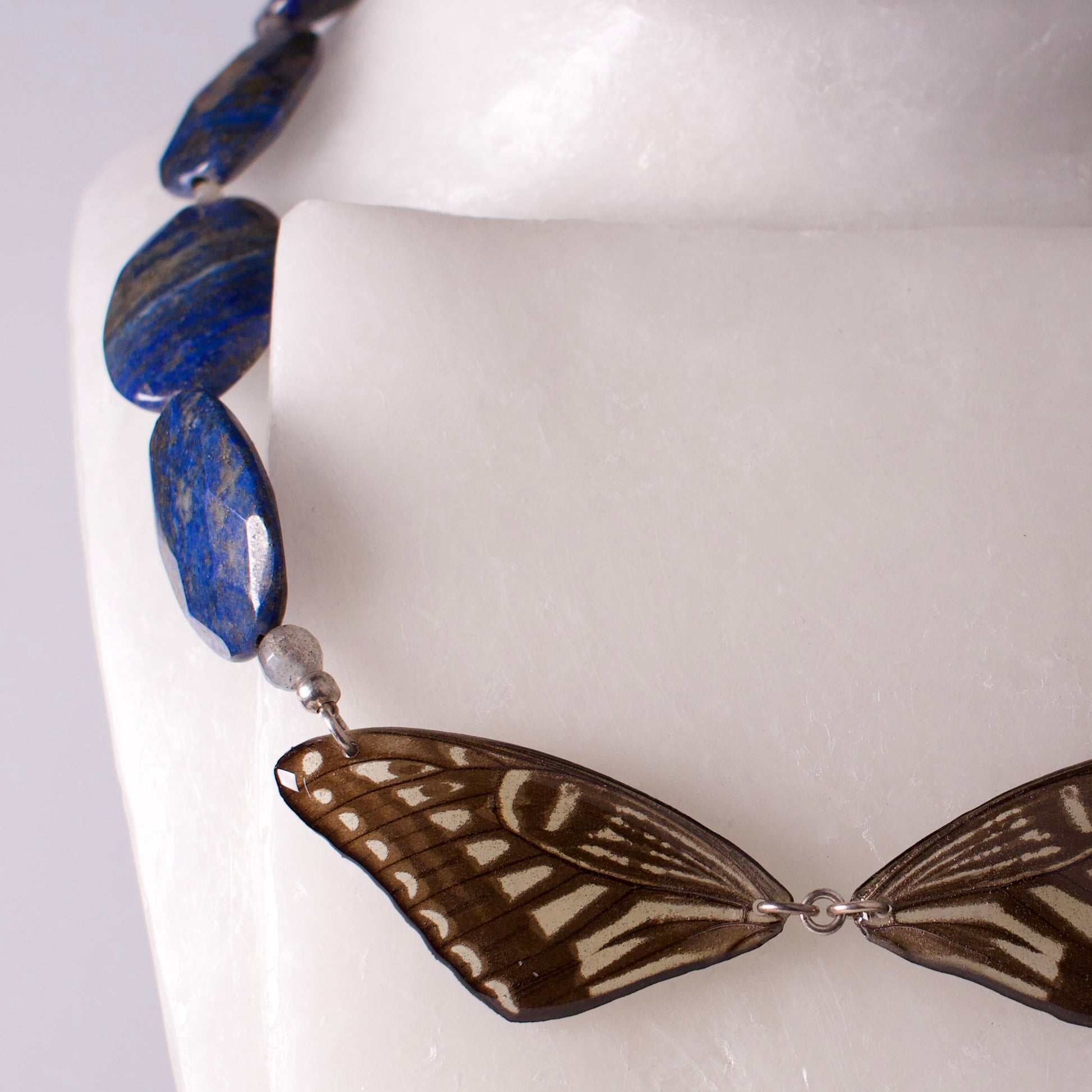 real butterfly wing necklace blue yellow butterflies lapis labradorite silver xuthus swallowtail detail shot