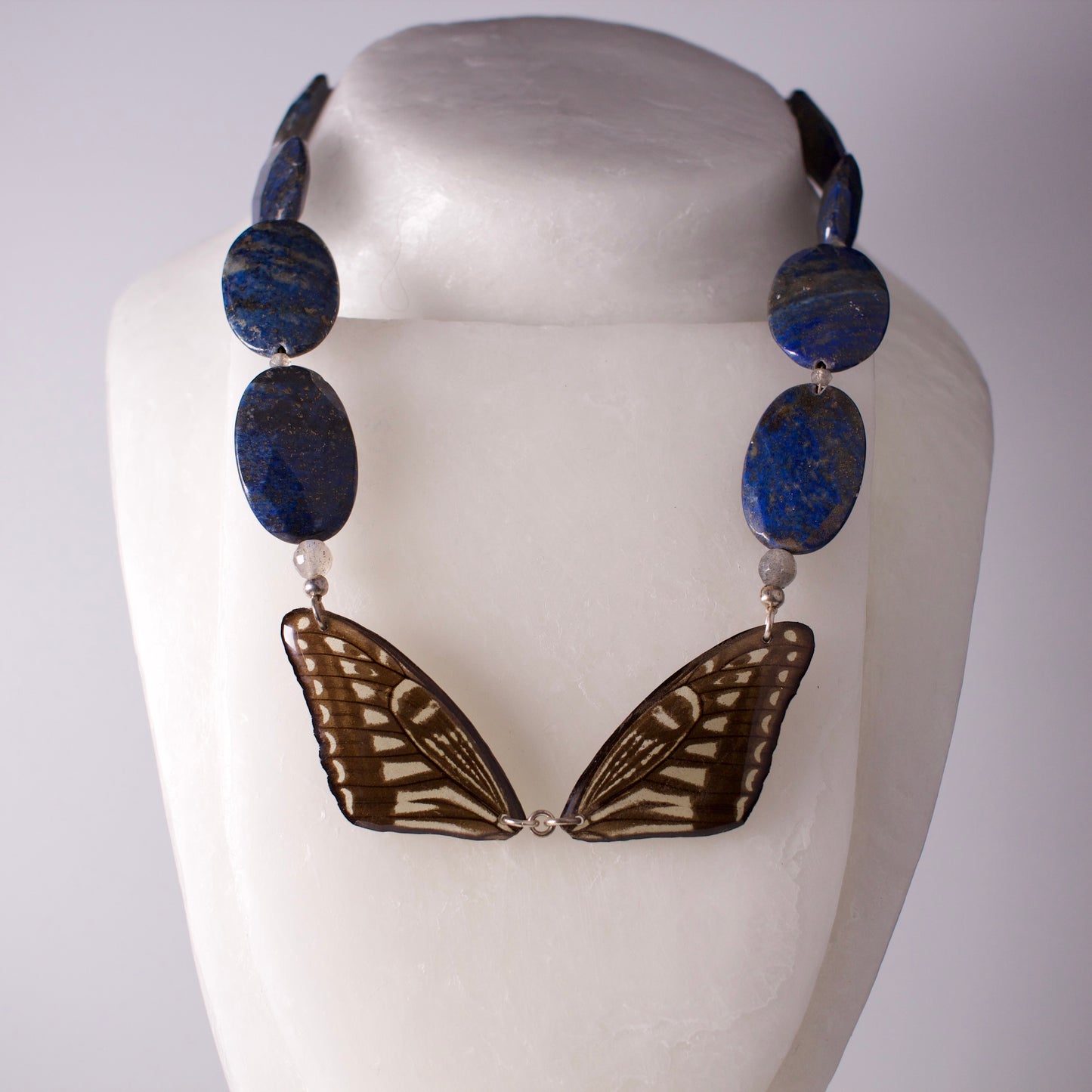 real butterfly wing necklace blue yellow butterflies lapis labradorite silver statement necklace on wax form