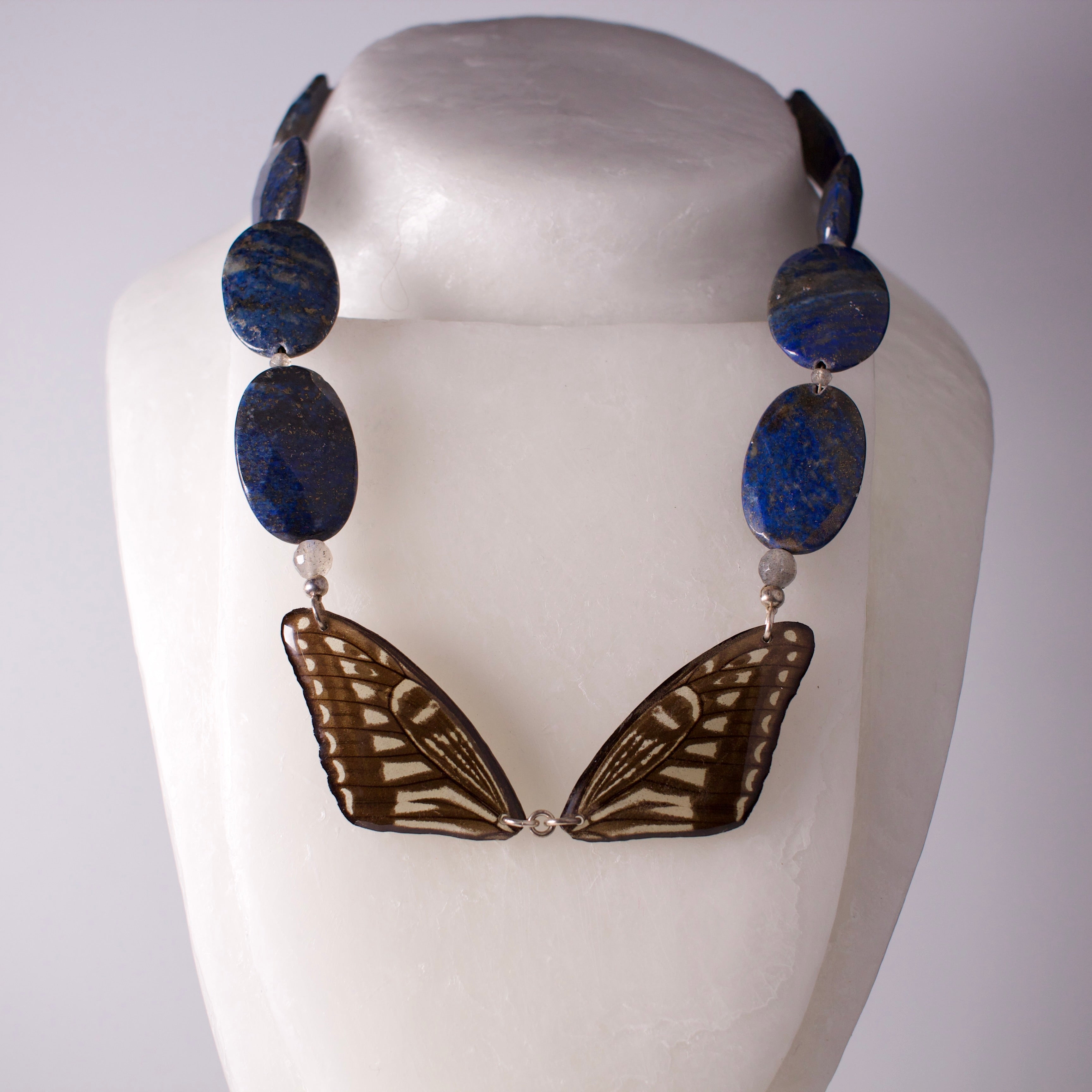 real butterfly wing necklace blue yellow butterflies lapis labradorite silver statement necklace on wax form