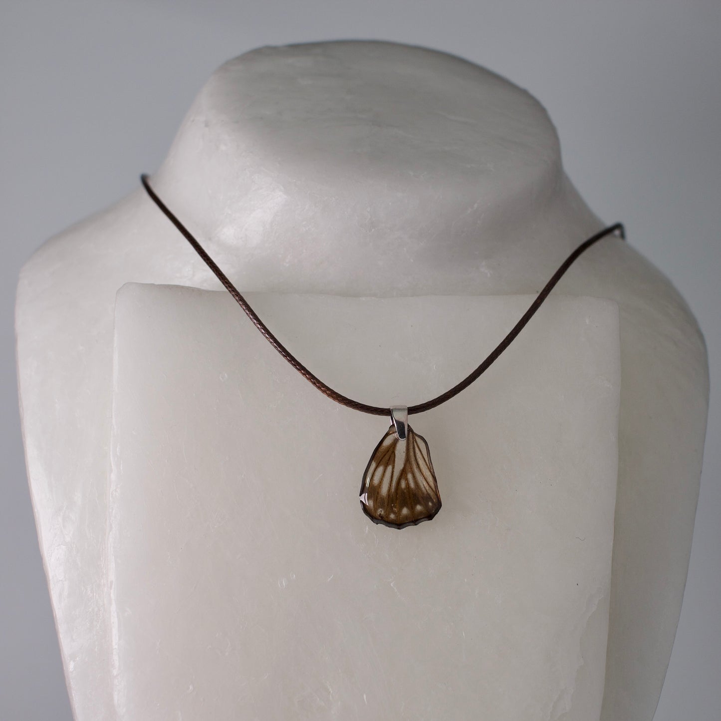 real butterfly wing necklace common sailor butterflies brown cord necklace steel pendant on mannequin