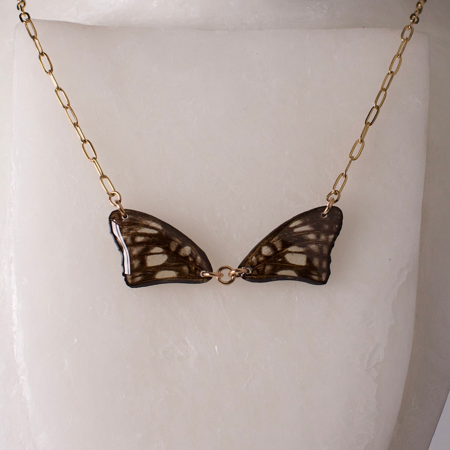 real butterfly wing necklace common sailor butterflies gold paperclip chain necklace on wax form