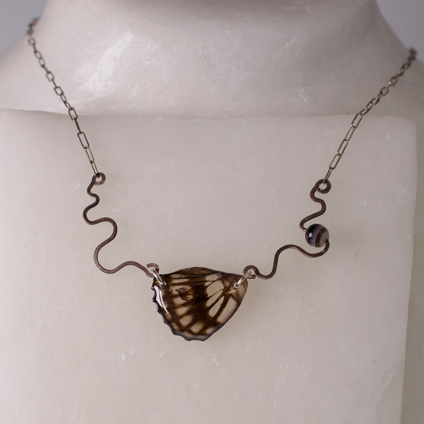 real butterfly wing necklace common sailor butterflies hand forged sterling silver banded agate stamped chain