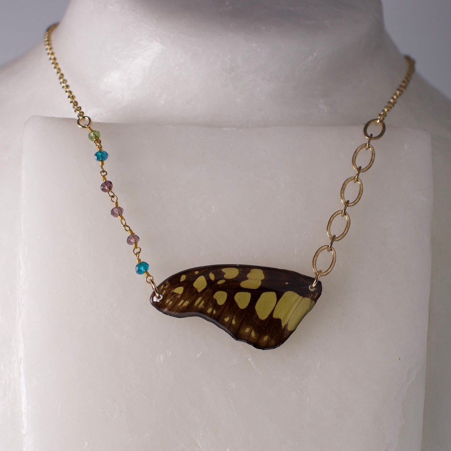 real butterfly wing necklace electric green swordtail butterflies gold asymmetric multi-color beads on wax