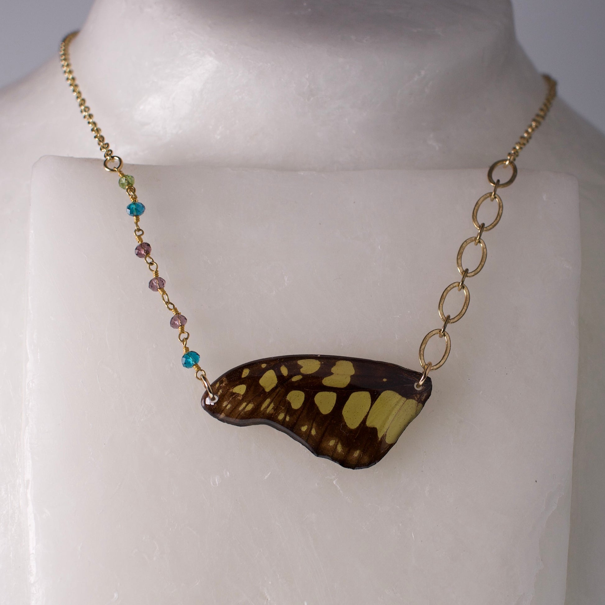 real butterfly wing necklace electric green swordtail butterflies gold asymmetric multi-color beads on wax