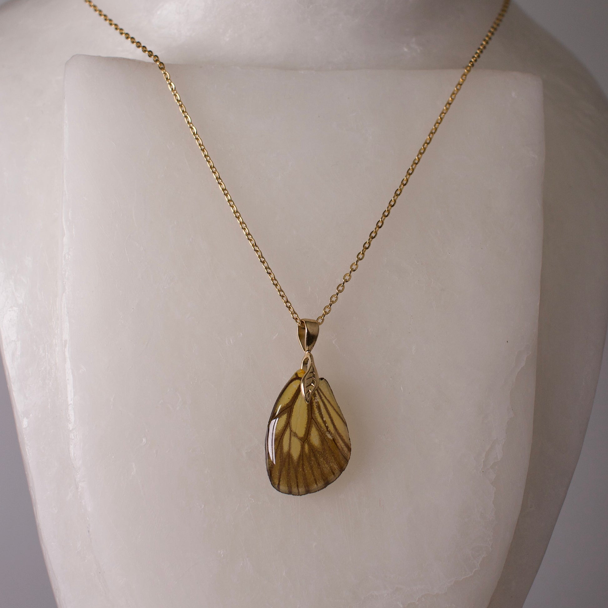 real butterfly wing necklace green veined butterflies gold chain necklace leaf bail wax form