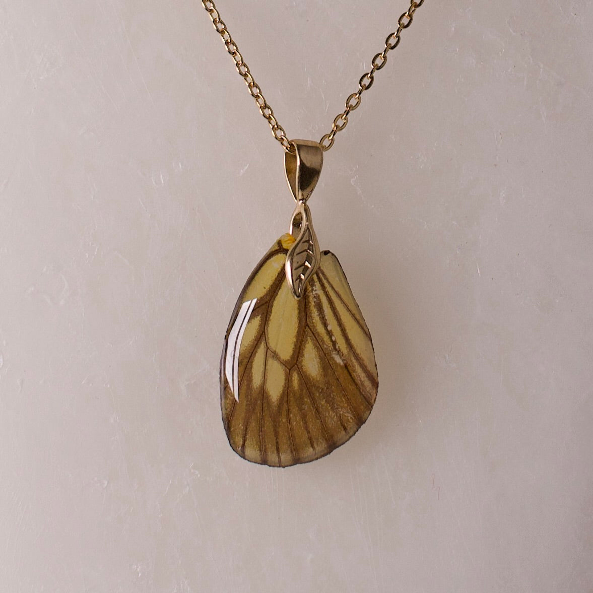 real butterfly wing necklace green veined butterflies gold leaf necklace close up