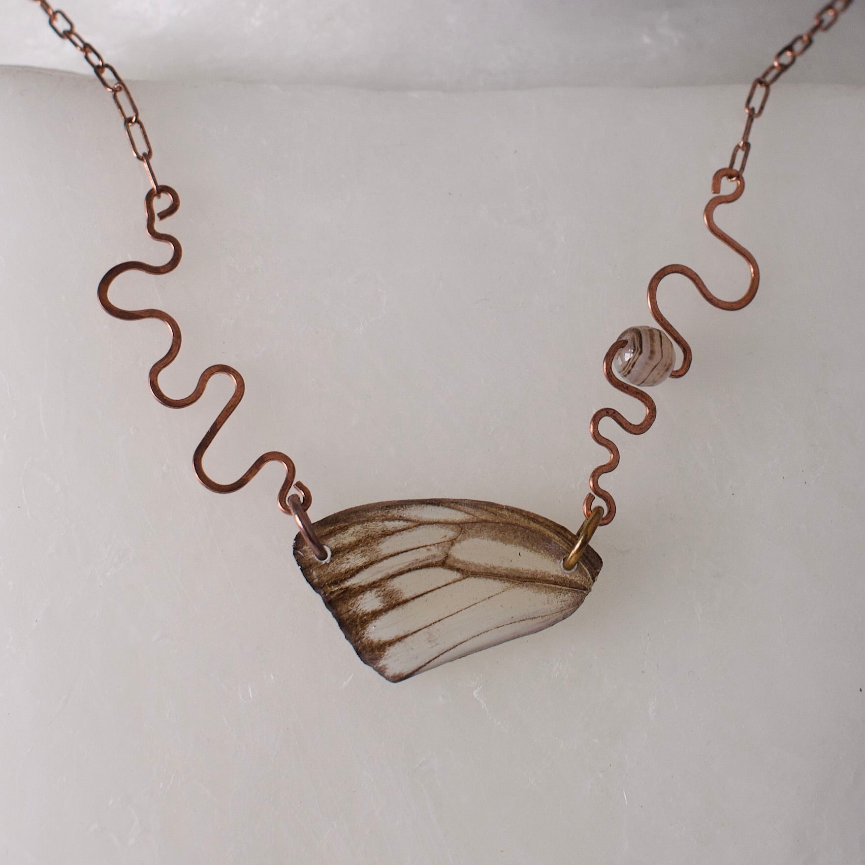 real butterfly wing necklace hand forged rose gold stripes albatross butterflies banded agate close up