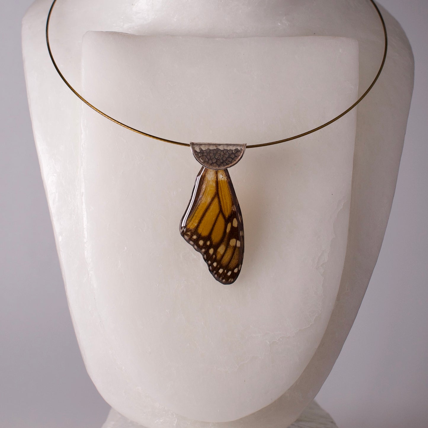 real butterfly wing necklace monarch Manaus plexippus butterflies sterling silver magnetic clasp cable necklace on wax form