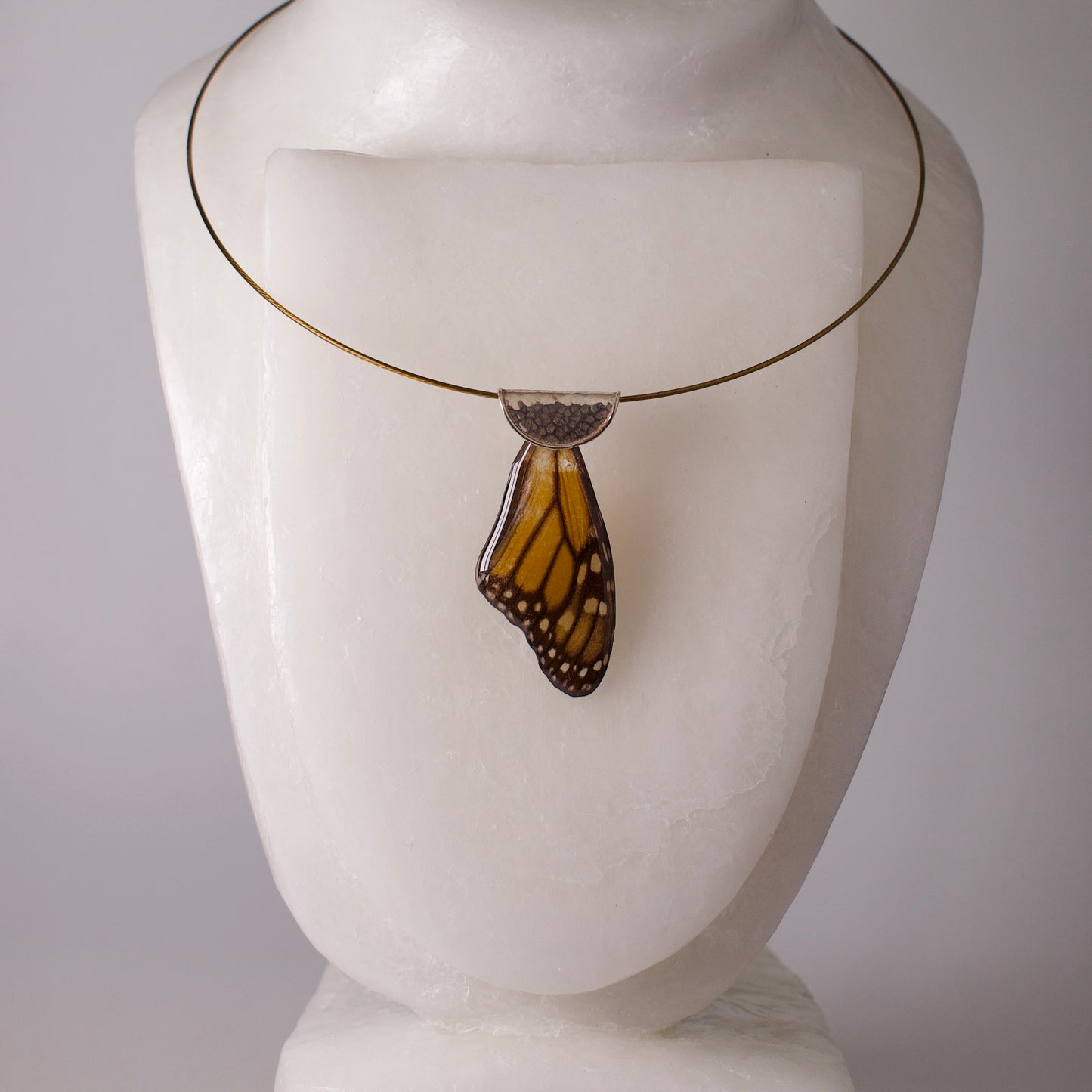 real butterfly wing necklace monarch Manaus plexippus butterflies sterling silver magnetic clasp wire  necklace on mannequin