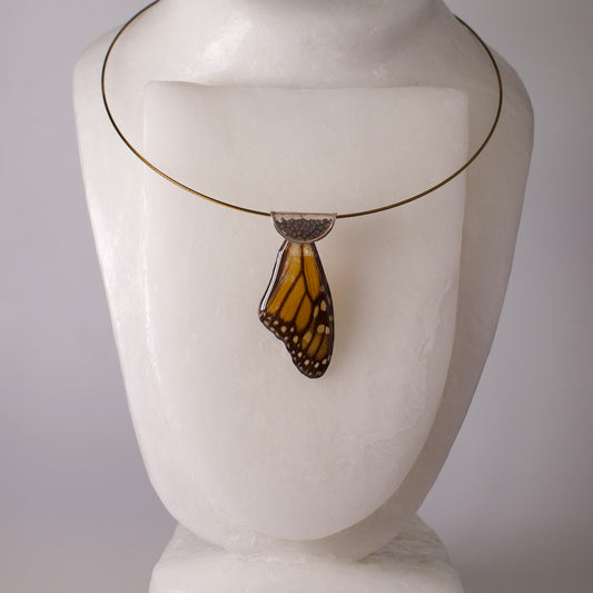 real butterfly wing necklace monarch Manaus plexippus butterflies sterling silver magnetic clasp wire  necklace on mannequin