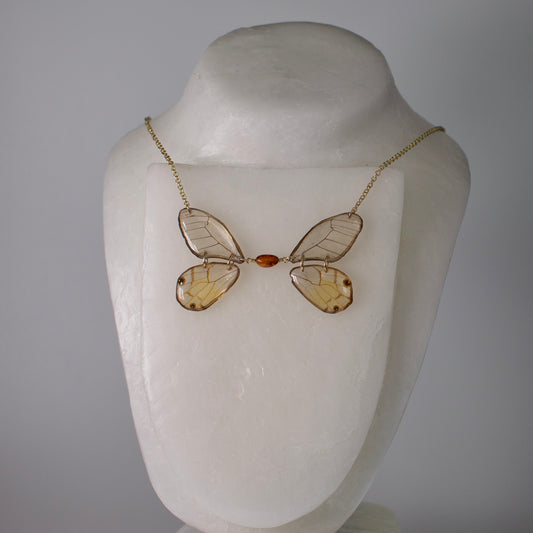 real butterfly wing necklace glasswing butterflies amber bead gold chain on neck form
