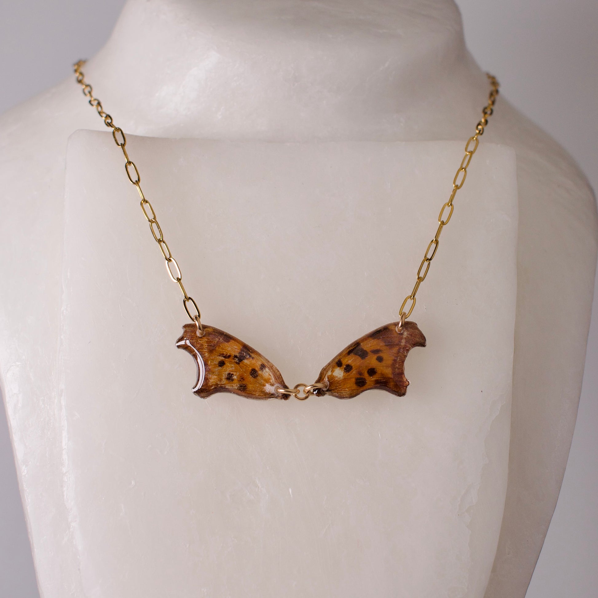 real butterfly wing necklace question mark butterflies 18k gold on steel paperclip chain on wax form