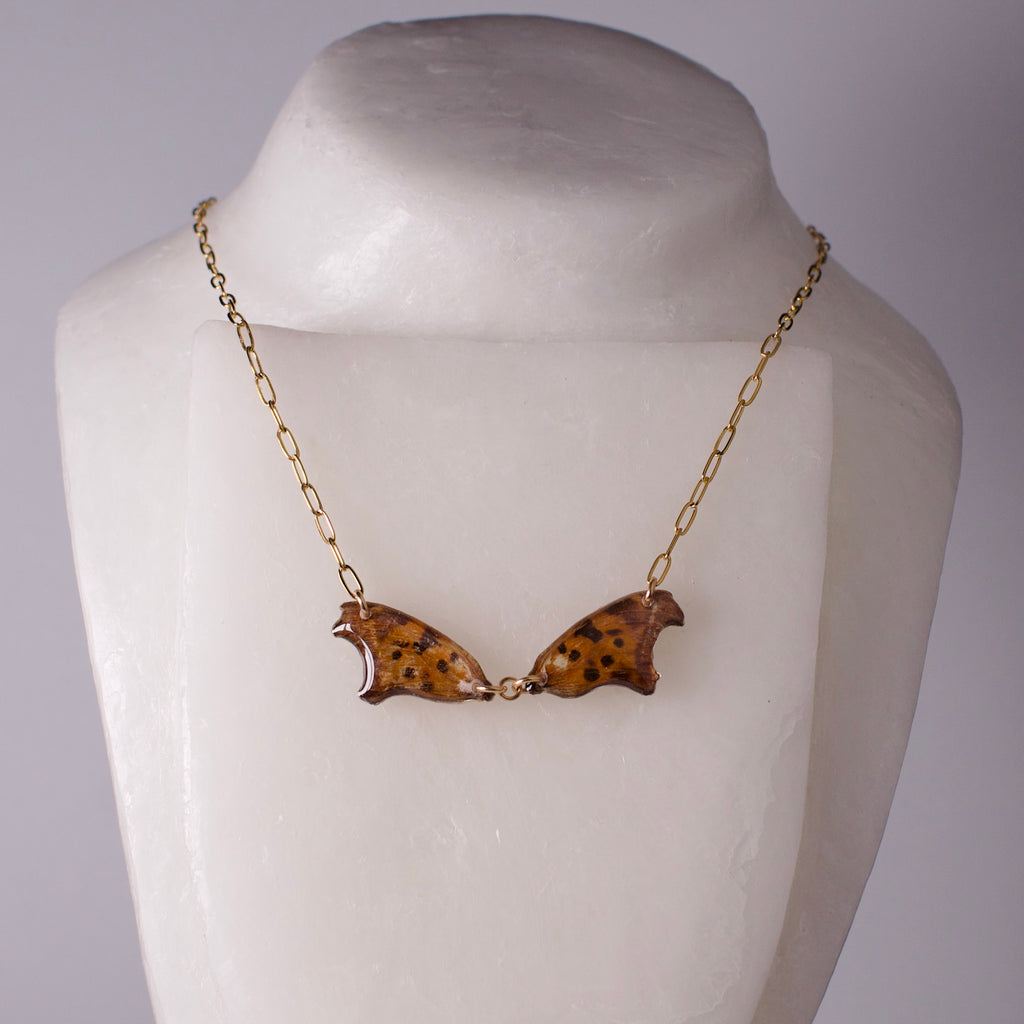 real butterfly wing necklace question mark butterflies 18k gold on steel paperclip chain necklace on mannequin