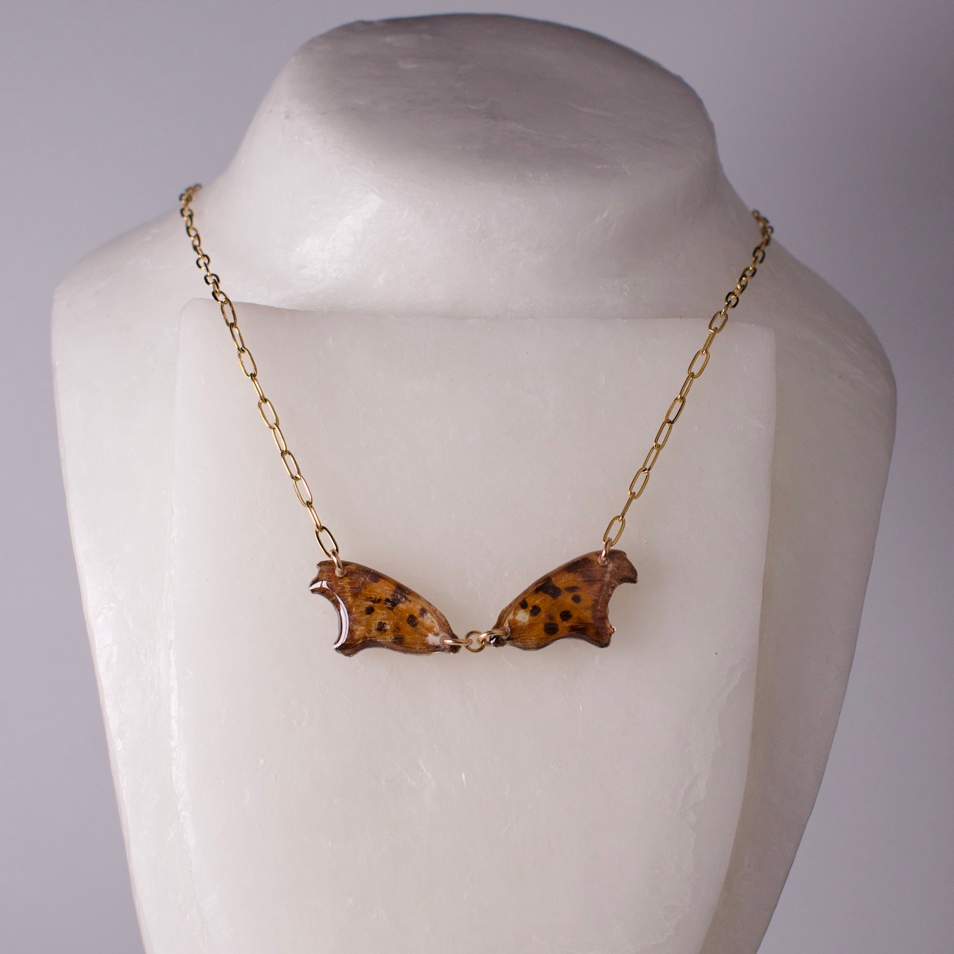 real butterfly wing necklace question mark butterflies 18k gold on steel paperclip chain necklace on mannequin