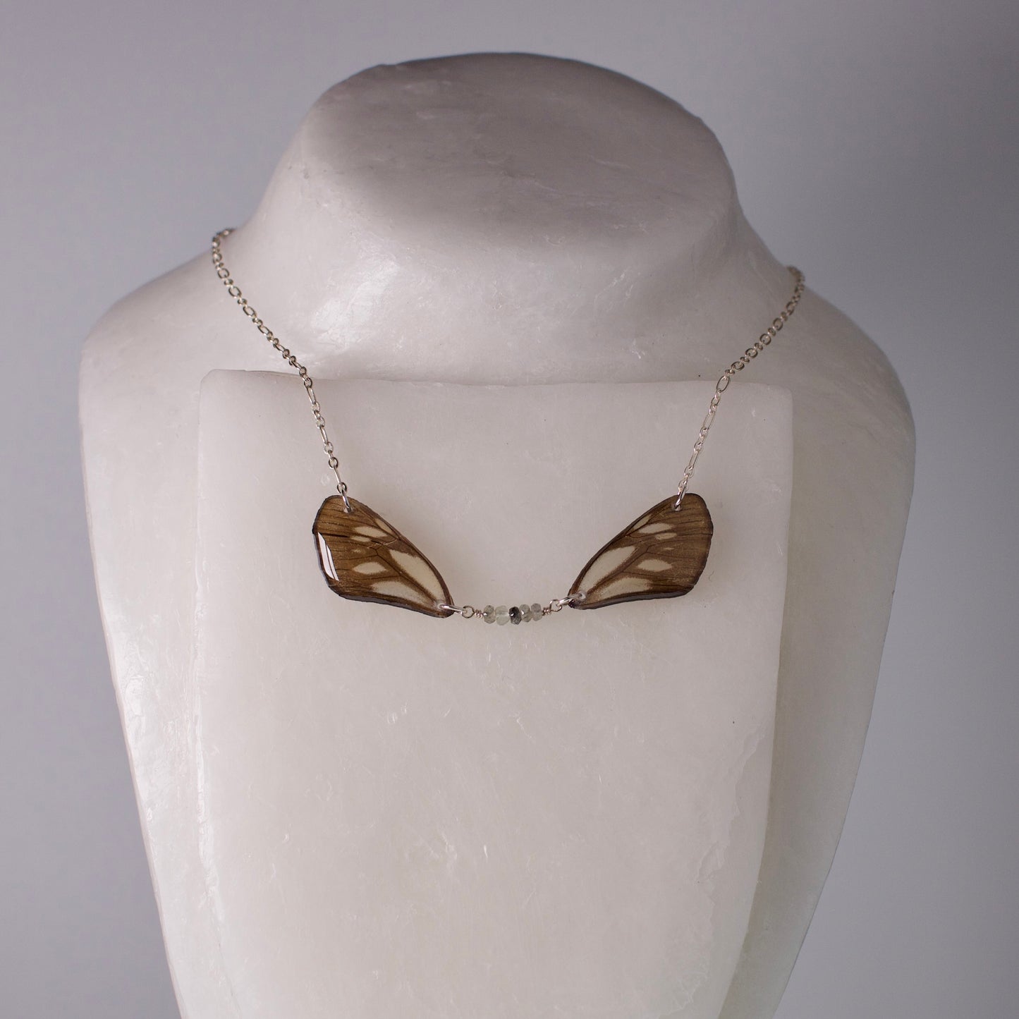 real butterfly wing necklace sage green grey butterflies zircon beads silver chain on wax form