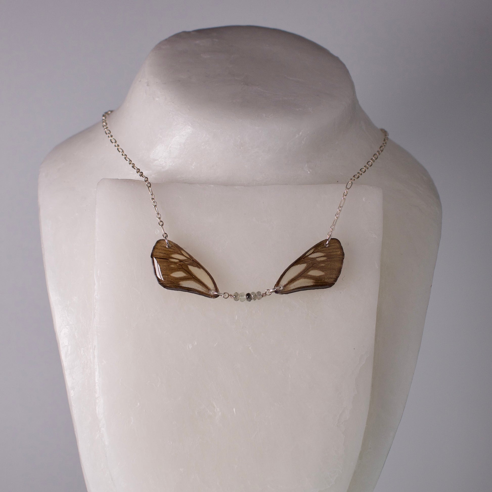 real butterfly wing necklace sage green grey butterflies zircon beads silver chain on wax form