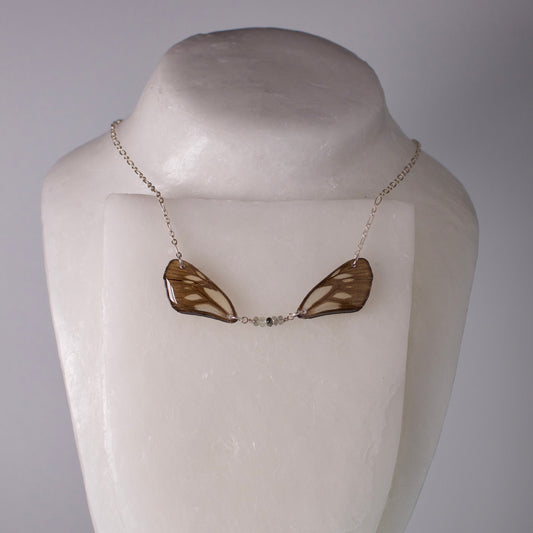 real butterfly wing necklace sage green grey butterflies zircon beads silver chain on wax form