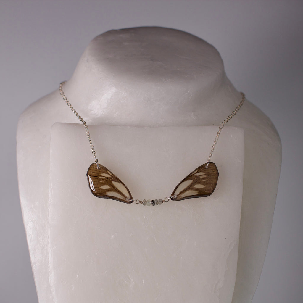 real butterfly wing necklace sage green grey butterflies zircon silver chain on mannequin