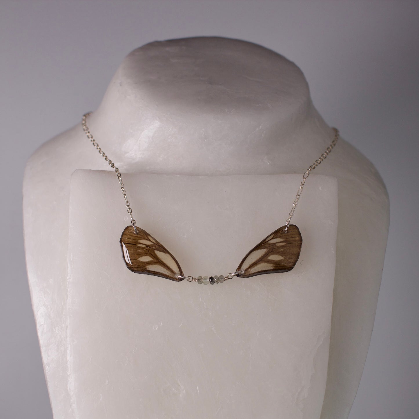 real butterfly wing necklace sage green grey butterflies zircon silver chain on mannequin