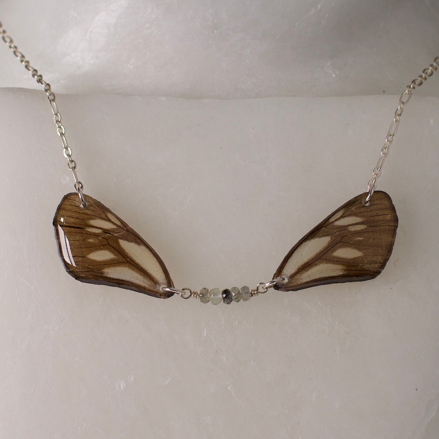 real butterfly wing necklace soft green grey butterflies zircon silver Figaro chain on wax form