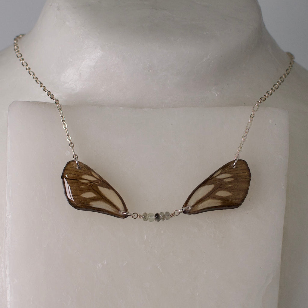 real butterfly wing necklace soft green grey butterflies zircon silver chain on mannequin