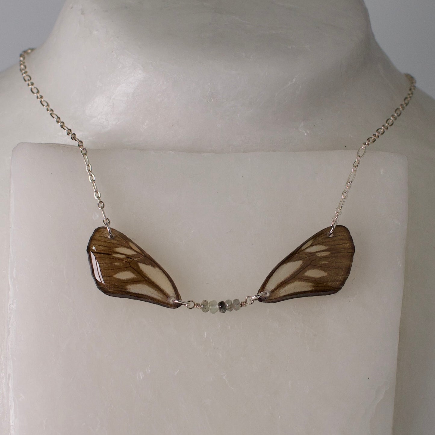 real butterfly wing necklace soft green grey butterflies zircon silver chain on mannequin