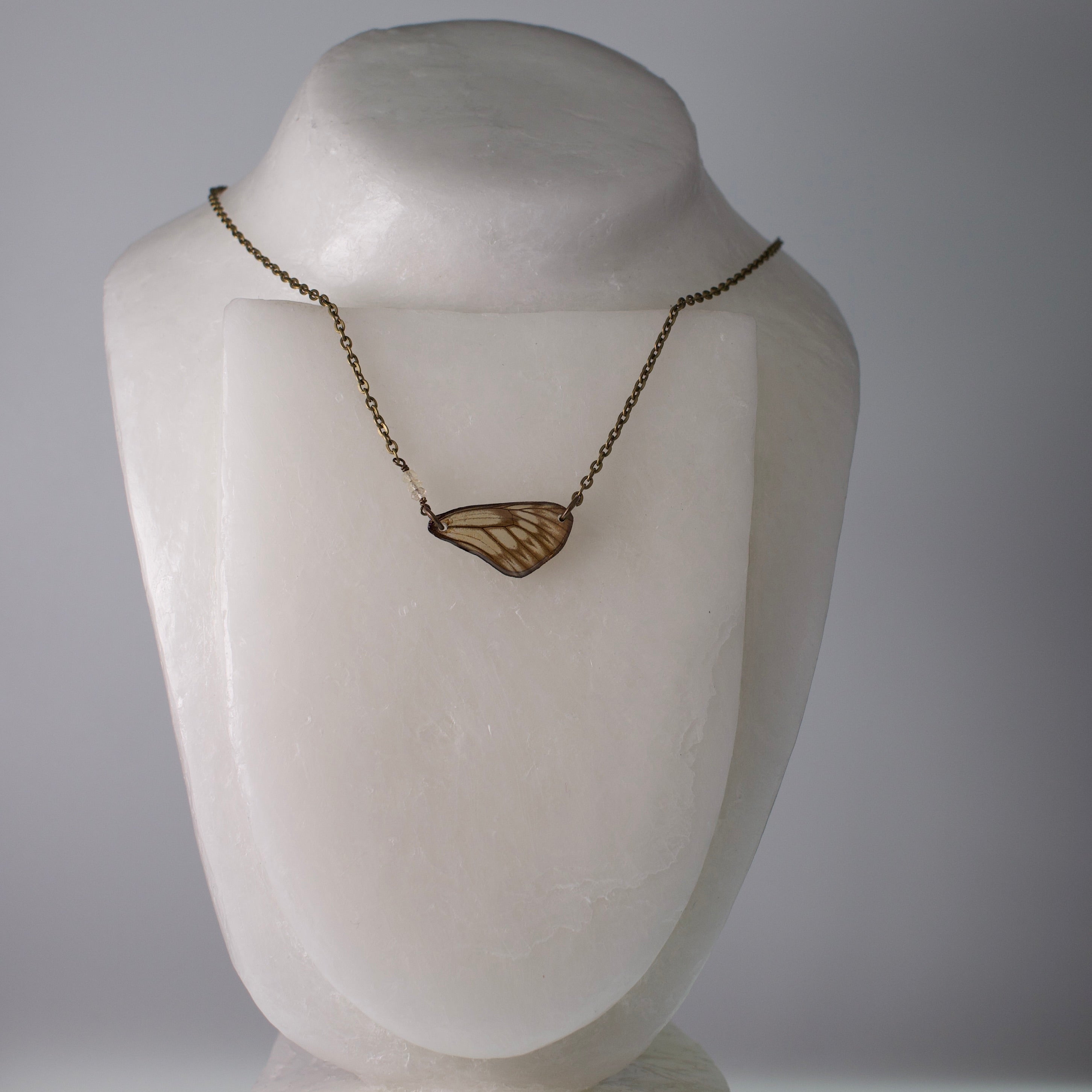 real butterfly wing necklace striped green khaki butterflies yellow citrine bronze chain on wax mannequin
