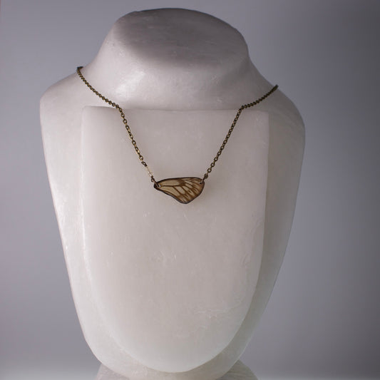 real butterfly wing necklace striped green khaki butterflies yellow citrine bronze chain necklace on mannequin