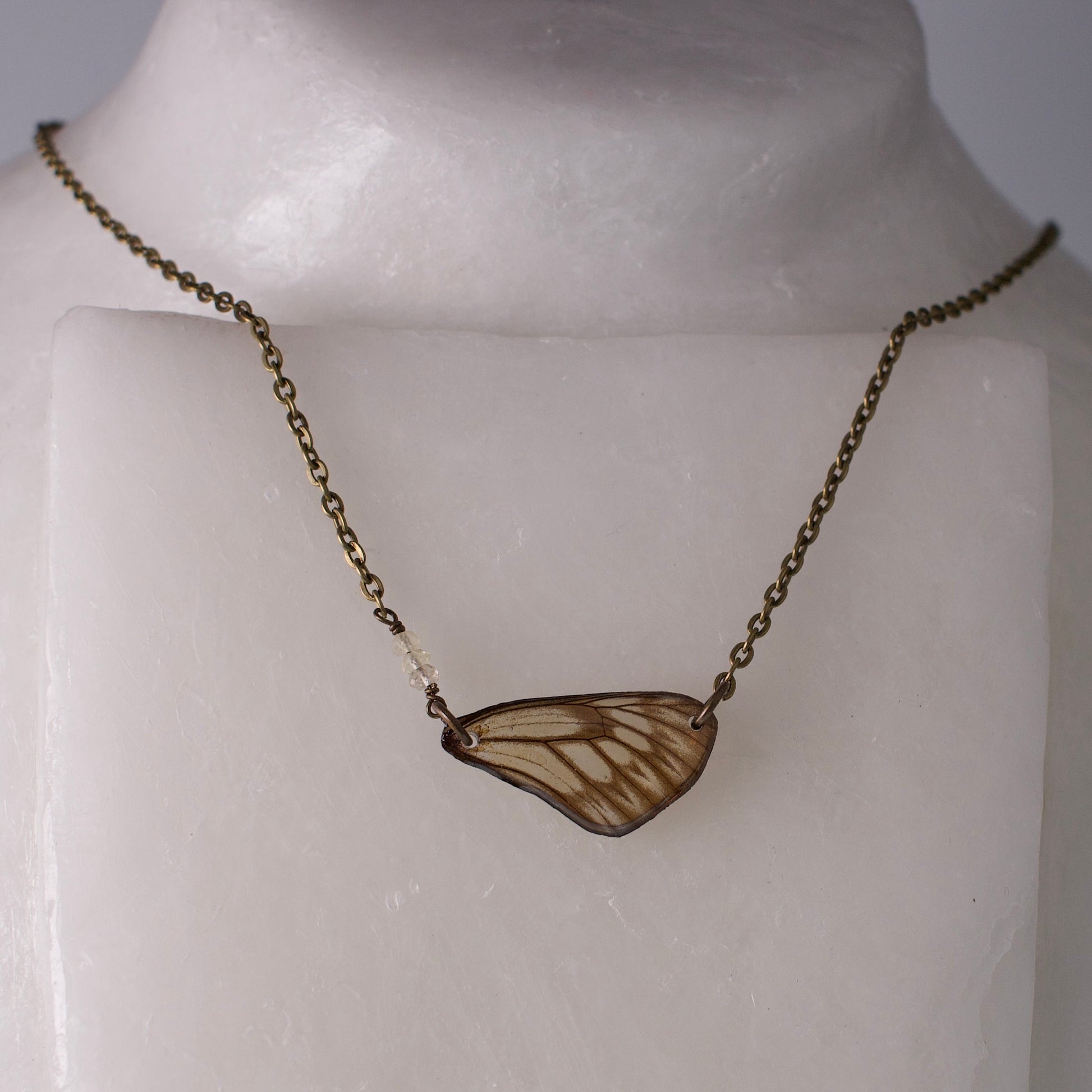 real butterfly wing necklace striped green khaki butterflies yellow citrine bronze necklace on wax form