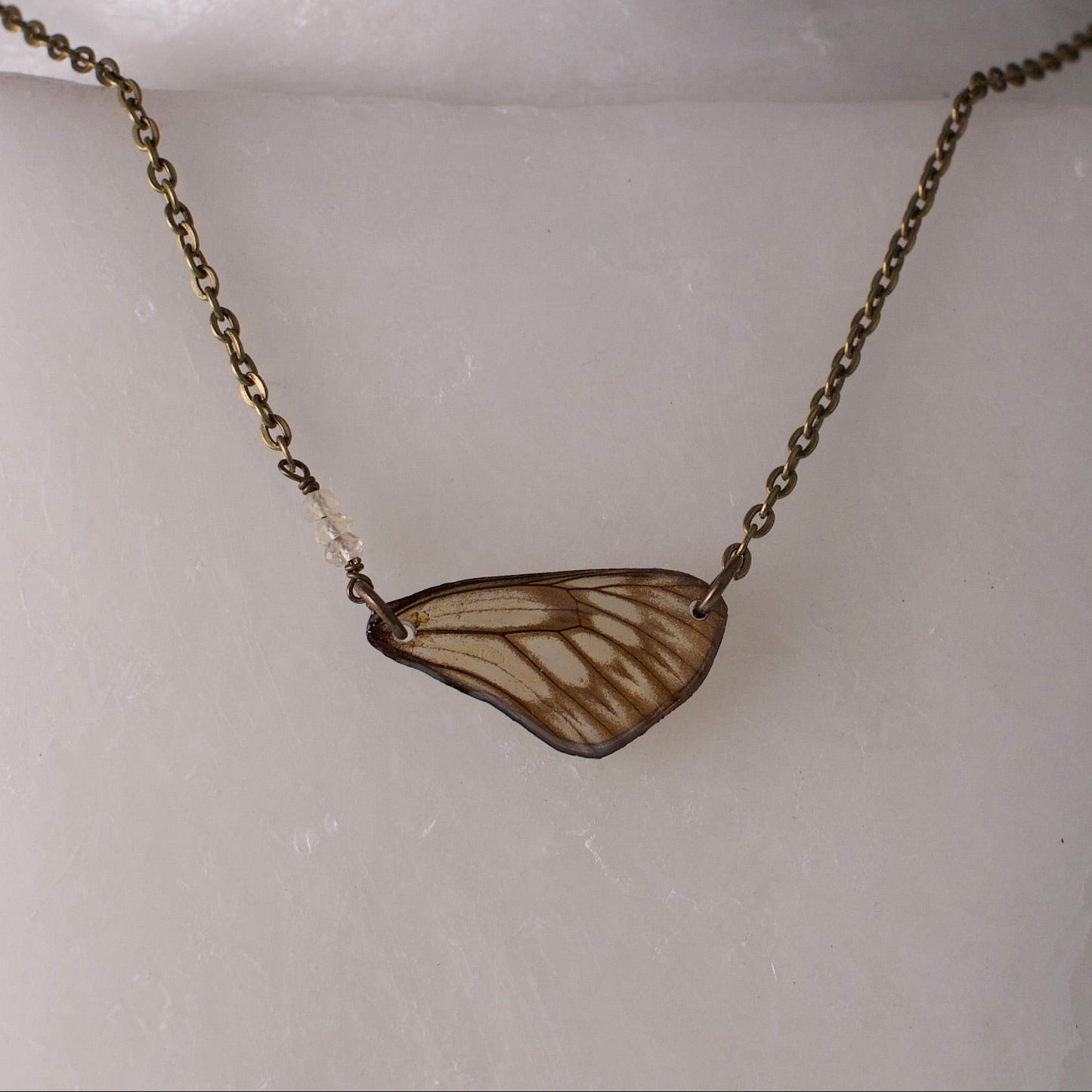 real butterfly wing necklace striped green khaki butterflies yellow citrine bronze necklace close up on wax