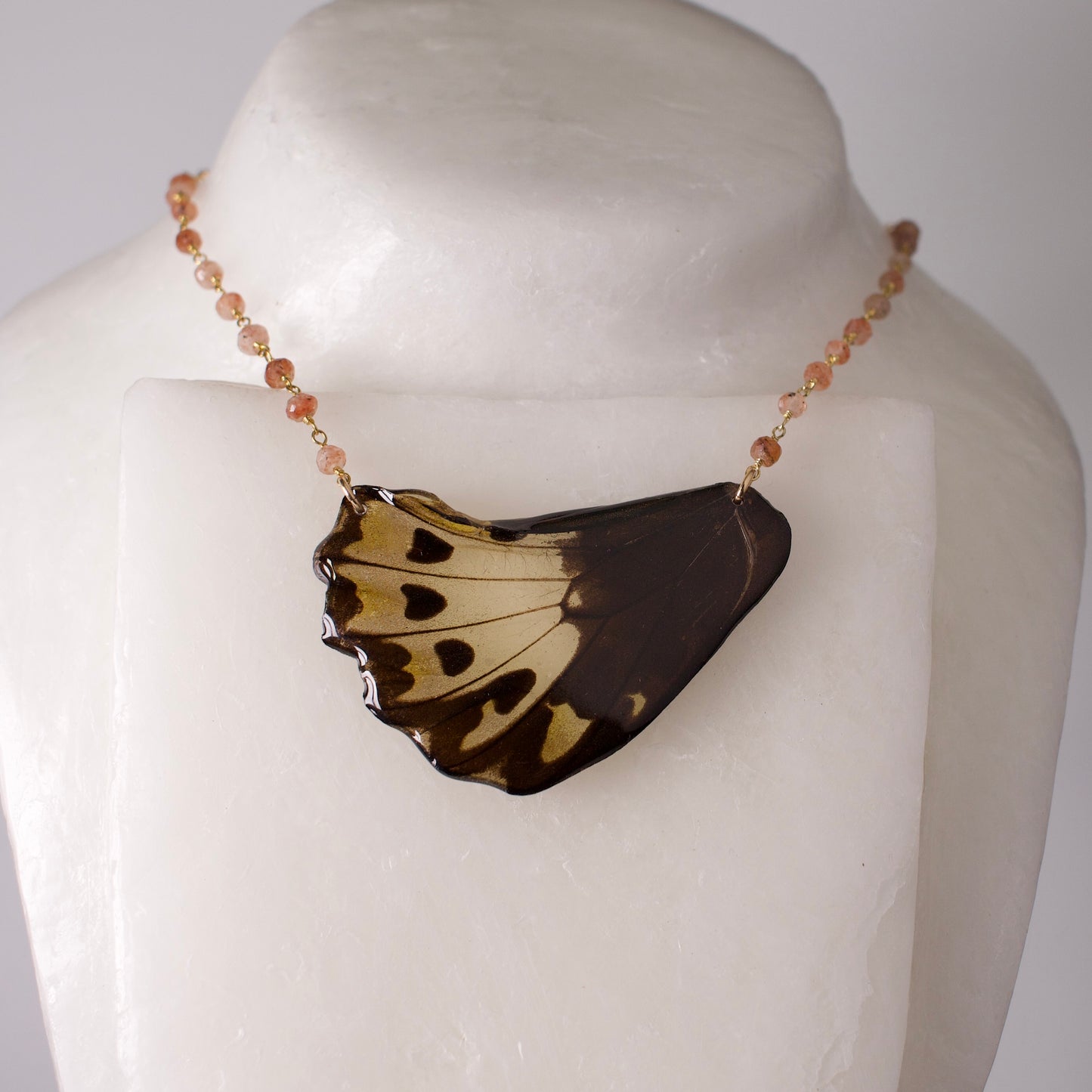 real butterfly wing necklace sunstone gold chain ornithoptera priamus birdwing butterflies on wax form