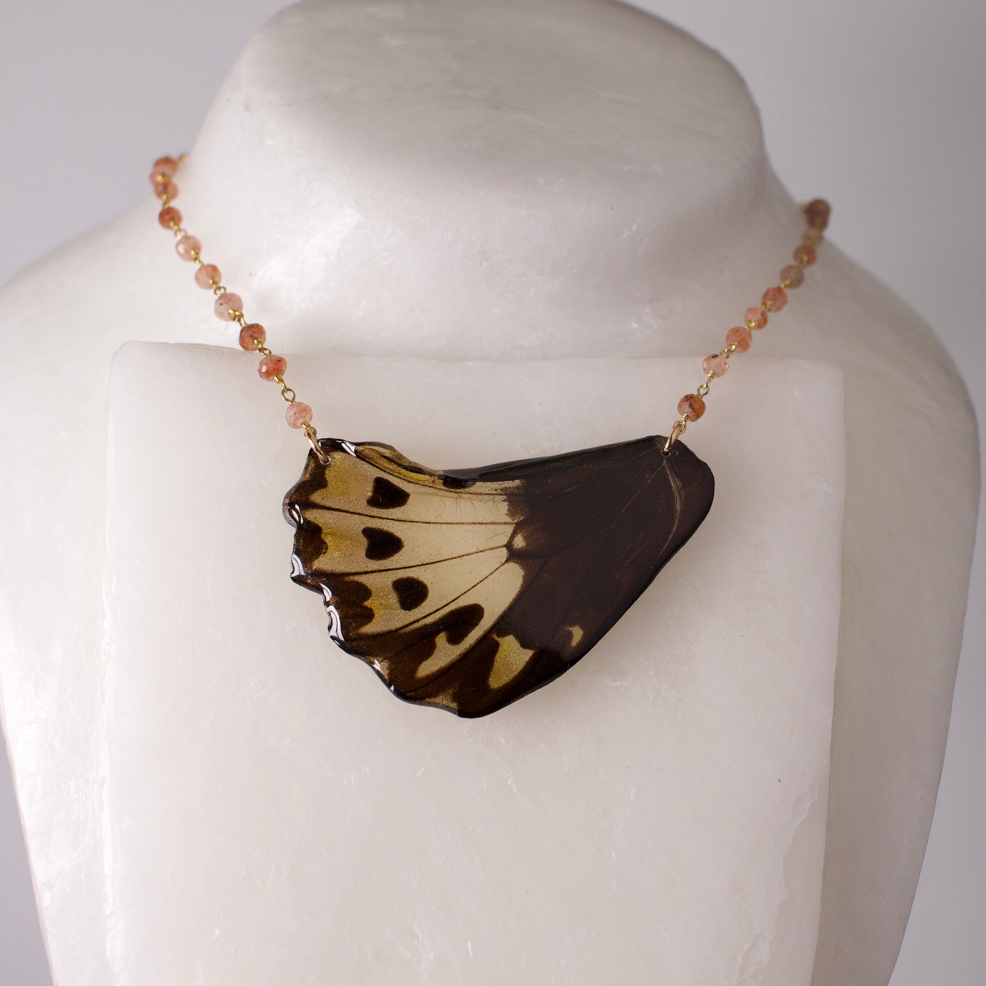 real butterfly wing necklace sunstone gold chain ornithoptera priamus birdwing butterflies on wax form