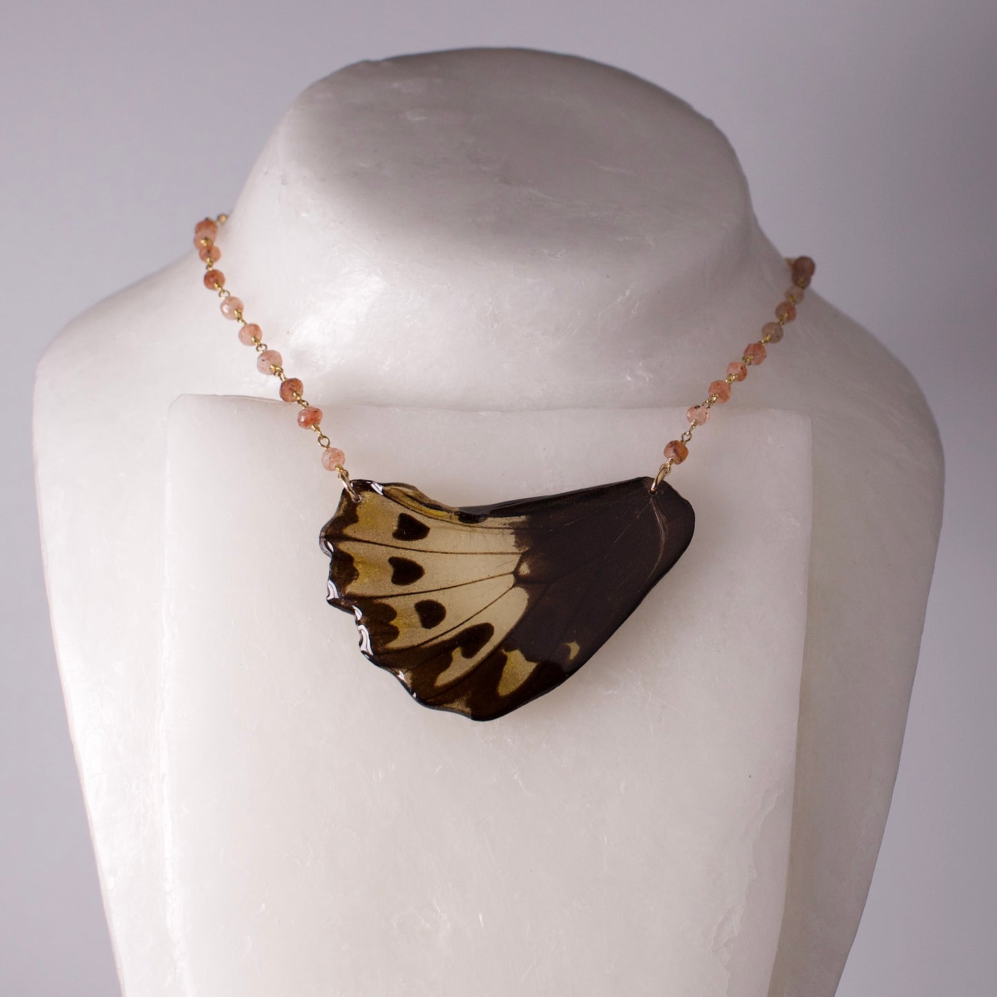 real butterfly wing necklace sunstone gold chain ornithoptera priamus birdwing butterflies pendant on wax form