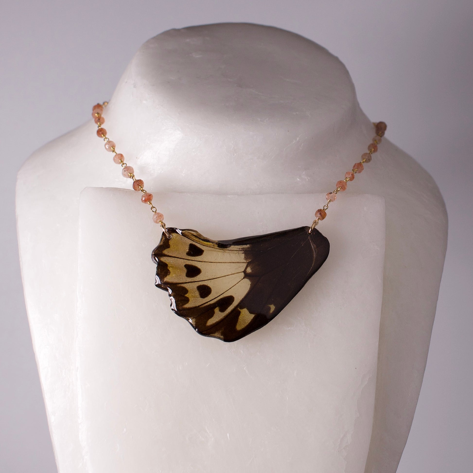 real butterfly wing necklace sunstone gold chain ornithoptera priamus birdwing butterflies pendant on wax form