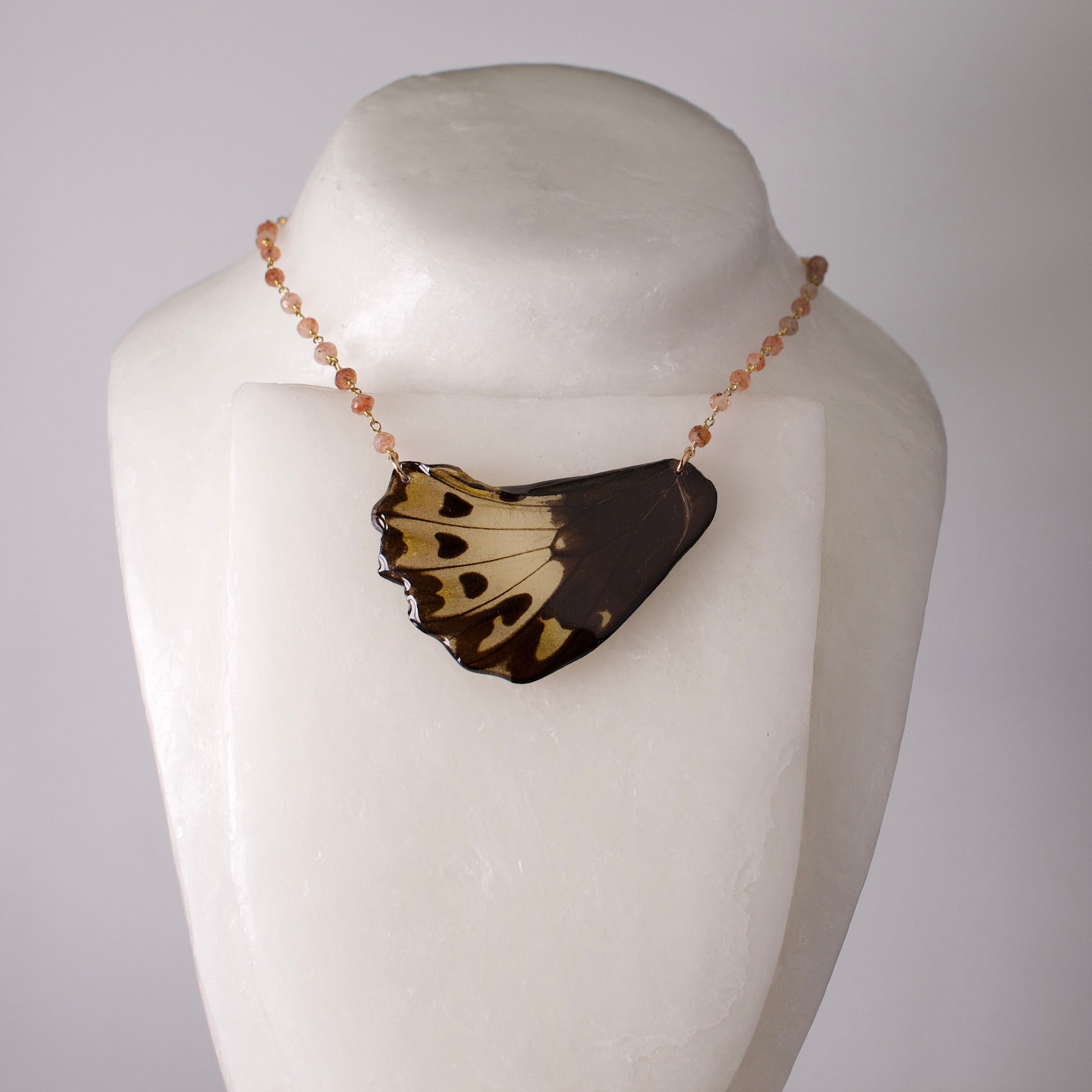 real butterfly wing necklace sunstone gold chain ornithoptera priamus butterflies pendant on wax form