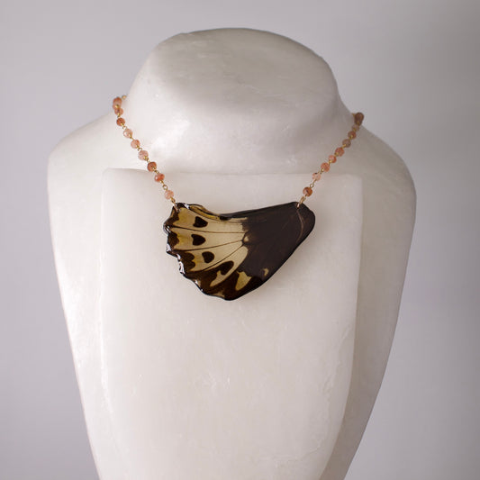 real butterfly wing necklace sunstone gold chain ornithoptera priamus butterflies pendant on wax form