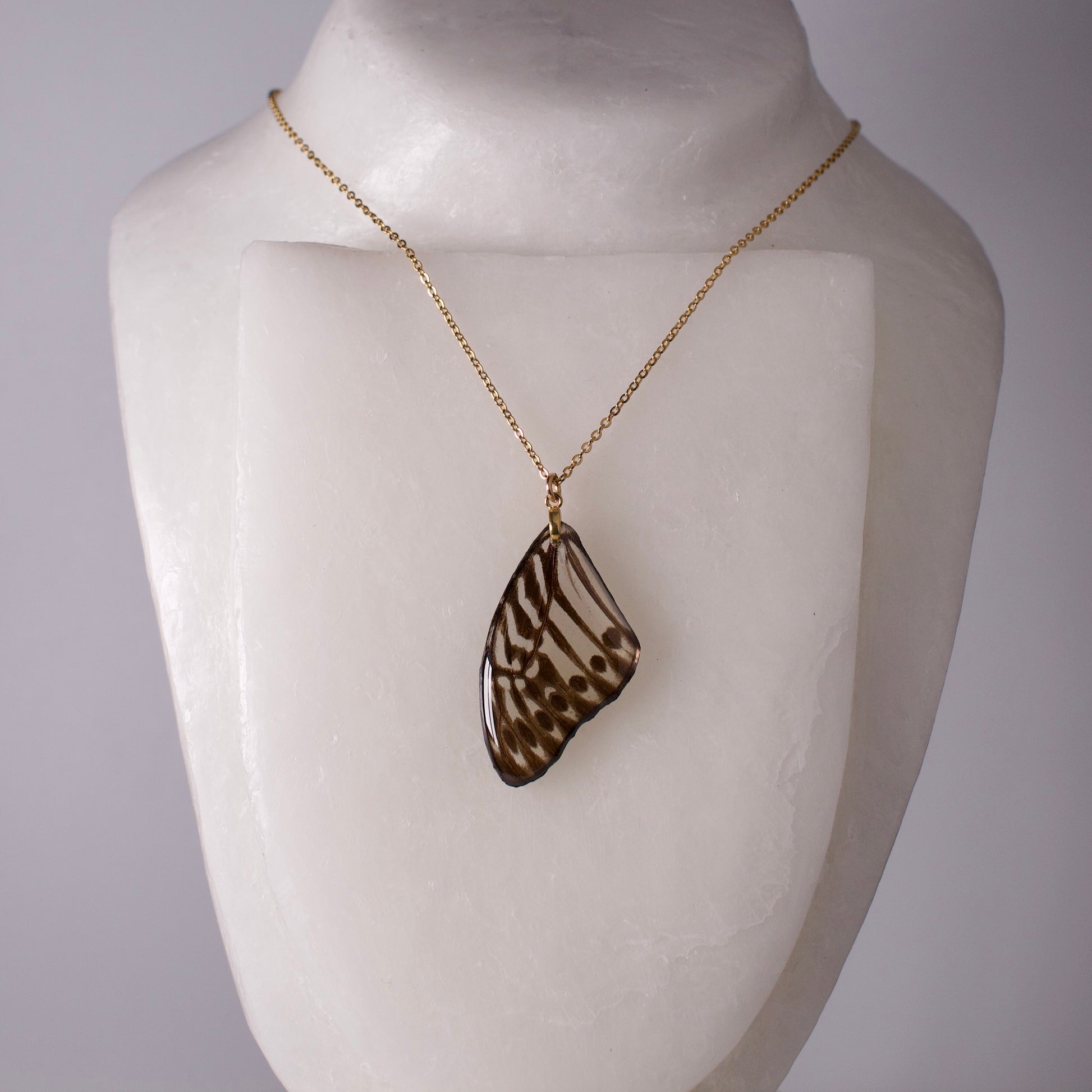 real butterfly wing pendant Malayan zebra black and white butterflies gold chain and bail on wax form