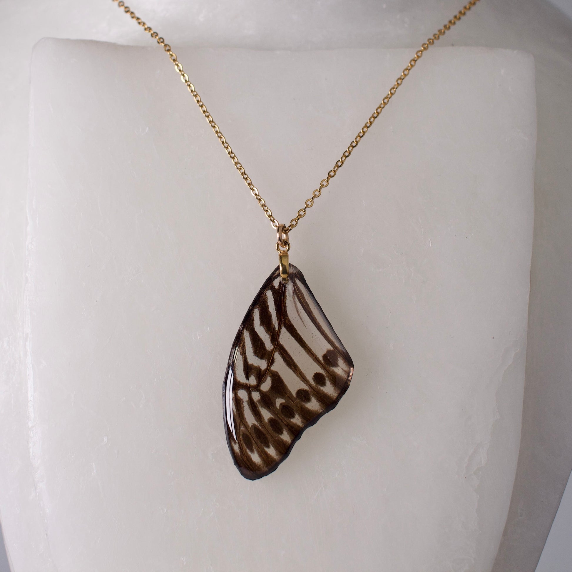 real butterfly wing pendant Malayan zebra black and white butterflies gold necklace on wax form