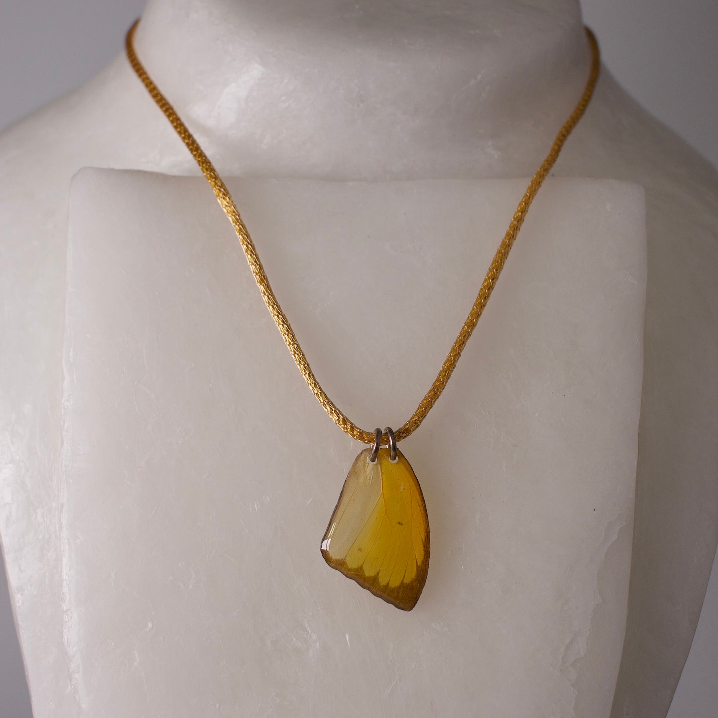 real butterfly wing pendant crocheted gold necklace yellow butterflies sterling silver on neck form